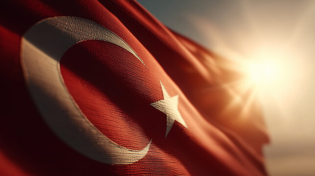 Turkish flag waving in sunlight against a clear blue sky  