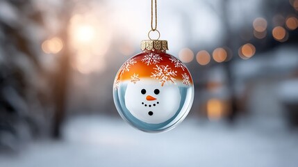 A snow globe with a smiling snowman inside. The snowman has a carrot nose and a smile. The snow globe is hanging from a tree branch