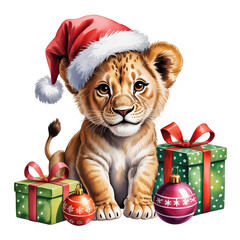 Adorable baby lion cub wearing a santa hat surrounded by christmas presents and ornaments isolated on transparent background