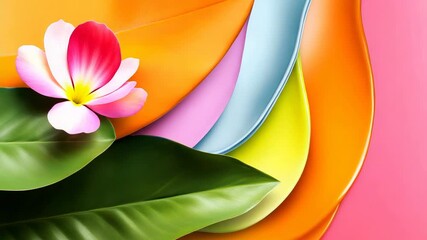 Tropical composition with exotic flower and colorful leaves moving on pink background