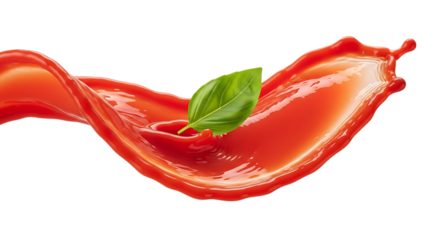A vibrant splash of tomato sauce isolated on transparent background, gracefully curving with a fresh basil leaf, capturing the essence of italian cuisine and culinary delight, ideal for foodrelated pr