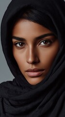 Naklejka premium Beautiful Muslim woman in niqab, the woman eyes covered, black clothes on an Eastern woman, Islam, Ramadan holiday, Eastern people, people from the Caucasus. High quality
