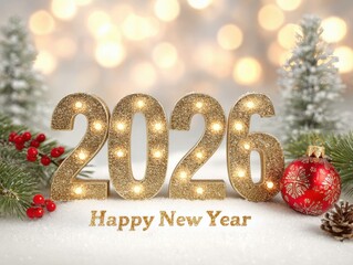 Happy new year 2026 festive decoration with sparkling numbers