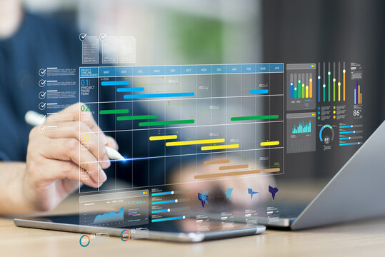 Business timeline shows project management workflow with chart, schedule, and task update, connecting people, tool and system for effective plan, forecasting and quality work