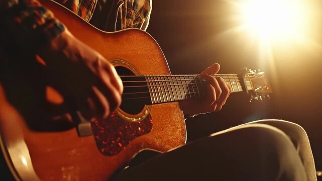 Caucasian adult man playing acoustic guitar in sunlit room