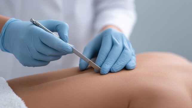 Close-Up of a Professional Removing a Skin Lesion with a Scalpel in a Clinical Setting on a Patient's Skin