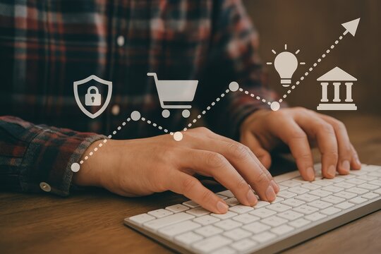 Business growth icons showing financial security, online shopping, and innovation for success