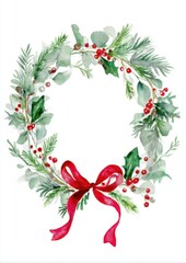 Elegant Watercolor Christmas Wreath Greeting Card Printable &mdash; Traditional Festive Design with Pine, Holly, and Red Bow