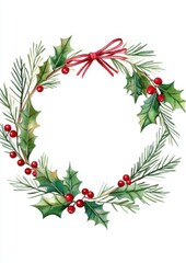 Elegant Watercolor Christmas Wreath Greeting Card Printable &mdash; Traditional Festive Design with Pine, Holly, and Red Bow