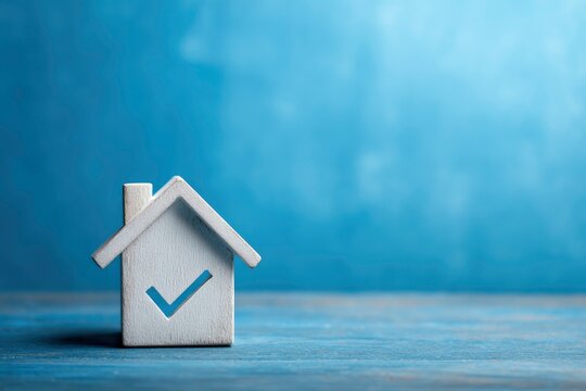 A miniature white wooden house with a blue checkmark cutout rests on a textured blue surface, against a blurred background. This symbolizes successful home selection, property verification, approved r