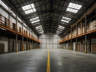 Obraz premium Empty warehouse with mezzanine and skylights showing industrial interior design