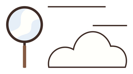 Magnifying glass near a cloud shape with lines representing data flow. Ideal for research, cloud storage, data analysis, technology, online search, exploration, digital tools simple flat metaphor