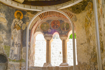 Medieval frescos in the St. Nicholas church in Myra. Demre, Antalya, Turkey. Byzantine wall-painting. History of religion and art concept