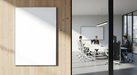 Collage featuring a blank vertical poster mockup on a wooden wall and a modern office interior with business people in a meeting