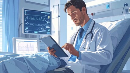 Diligent doctor reviews medical data on tablet in patient room setting - Powered by Adobe