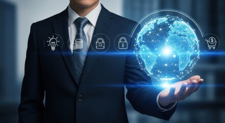Global Business and Digital Security: Businessman Holding Glowing Earth Network Surrounded by Finance and Protection Icons for Worldwide Investment and Safety