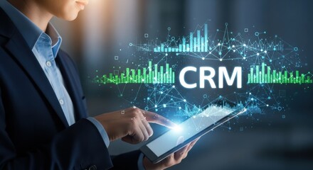 Customer Relationship Management: Businesswoman Touching Tablet with CRM Text and Financial Bar Charts for Data Analysis and Strategy