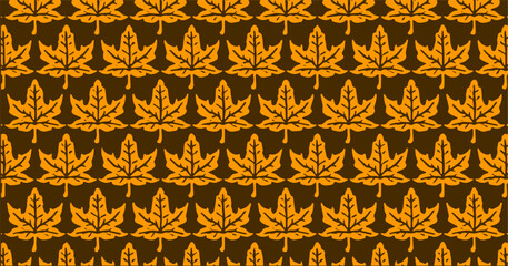 Seamless pattern of orange maple leaves on a brown background, perfect for autumn and seasonal design themes.