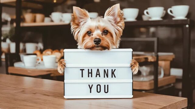cute Yorkshire terrier dog holding board with text thank you