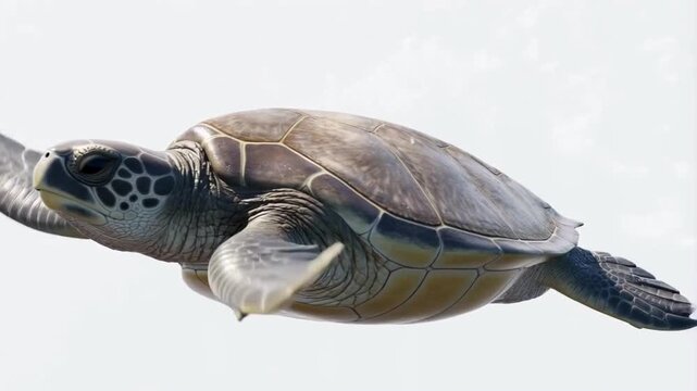 A photorealistic 3D of a leatherback sea turtle swimming gracefully on a clean white background. Detailed shell texture and soft studio reflections highlight its oceanic form.
