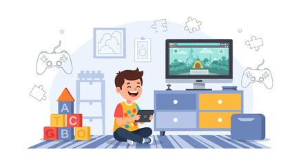 Cartoon boy playing on tablet in room with toys television and game controllers illustration