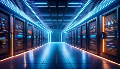 futuristic server room illuminated with neon lights showcasing advanced data technology and modern digital infrastructure