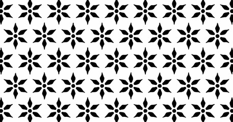 Minimal black and white geometric floral seamless pattern with small star-shaped motifs on a white background.
