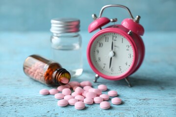 A vibrant pink vintage alarm clock stands prominently alongside a clear glass bottle of water and an amber bottle gently spilling numerous round pink pills onto a textured, light blue wooden surface.