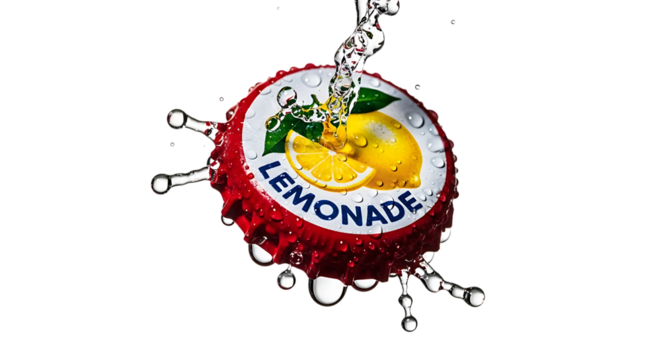 Lemonade bottle cap with water droplets, isolated on transparent background the image features a refreshing and vibrant design, suggesting a cool and thirstquenching beverage on a hot day