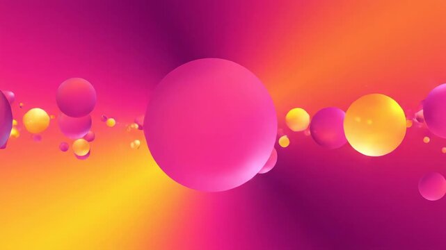 Abstract Spheres on Colorful Gradient Background - This video features a cluster of glowing pink and yellow spheres of varying sizes floating against a vibrant gradient background.