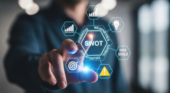 SWOT Analysis and Business Strategy: Hand Touching Hexagon Diagram of Strengths Weaknesses Opportunities and Threats for Risk Planning and Goals