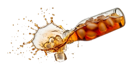 Dynamic shot of a cola bottle falling with a splash, isolated on transparent background the brown liquid and ice cubes create a refreshing and energetic image, perfect for advertising and promotional 