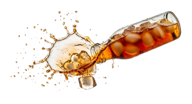 Dynamic shot of a cola bottle falling with a splash, isolated on transparent background the brown liquid and ice cubes create a refreshing and energetic image, perfect for advertising and promotional 