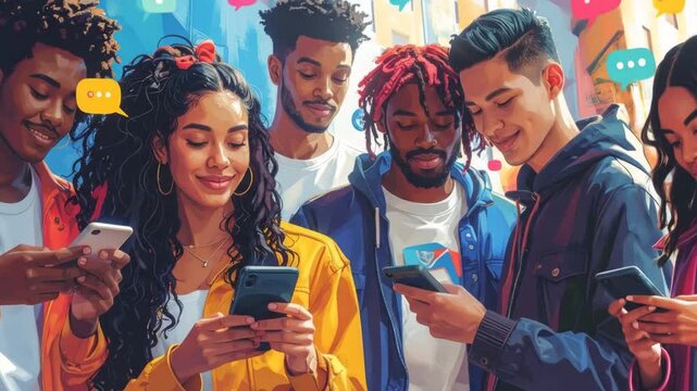 Diverse group immersed in smartphones exchanging messages and social networking online