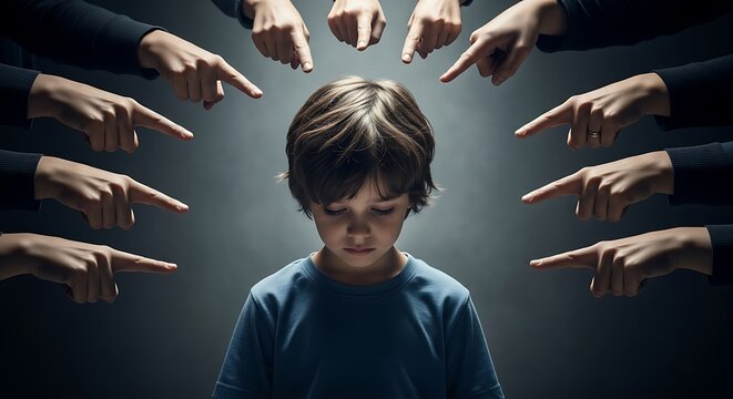 Bullying and Guilt A Young Boy Under Scrutiny with Pointing Fingers