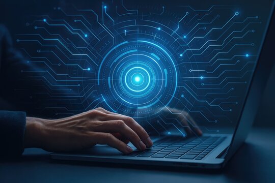 Digital network interface glowing blue on laptop keyboard with hands, data flow, cybersecurity
