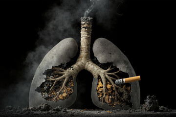 Conceptual image of smoking effects on human lungs with ash and cigarette