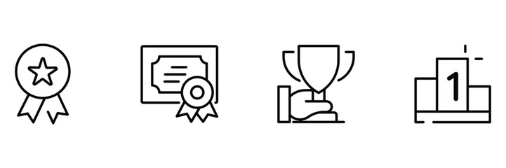 Award badge, certificate ribbon, hand trophy, podium winner icon set, prize achievement vector illustration, outline minimal recognition art.