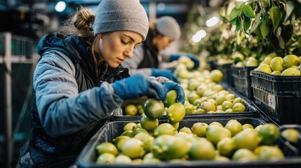 Workers sorting lemons in warehouse: women carefully selecting fresh citrus fruits