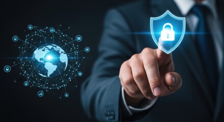 Global Cyber Security: Businessman Touching Glowing Shield Icon with Padlock Over Digital Earth Network for Worldwide Data Protection
