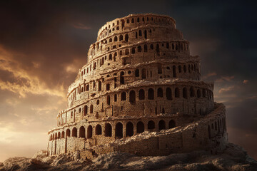 Ancient tower of babel ruins against dramatic sky for historical architecture and old testament themes