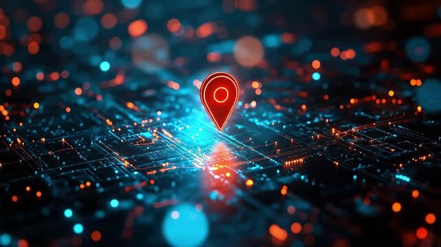 Futuristic digital map with glowing red location pin and blue circuitry