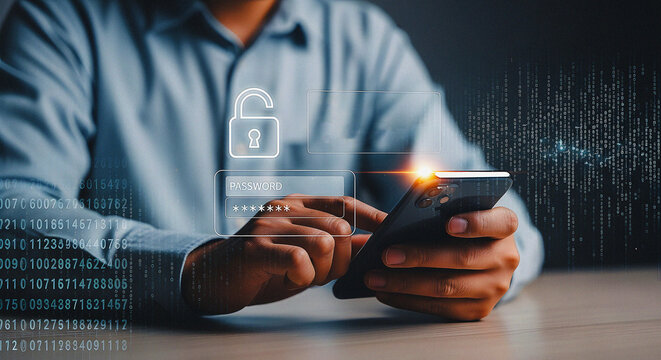 Cybersecurity Access and Unlocking Digital Data with Smartphone Authentication Man Entering Password or PIN to Log In on a Mobile Device with Security Icon