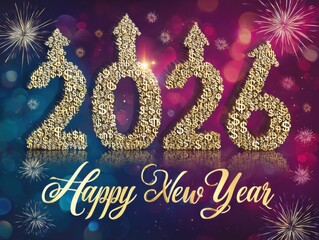 Happy new year 2026 with dollar sign numbers and fireworks