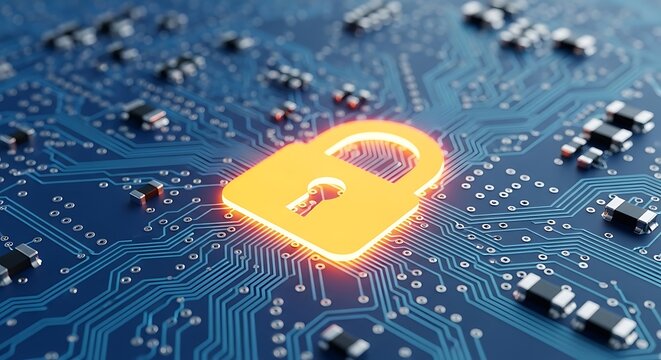 A glowing padlock on a circuit board symbolizes cybersecurity, data protection, and the importance of digital security in our interconnected world