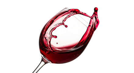 A glass of red wine is captured in midsplash, with the liquid frozen in time as it arcs and droplets scatter against an isolated on transparent background, creating a dynamic and elegant composition