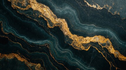 Elegant black green and gold marble texture with wavy patterns, natural stone details background