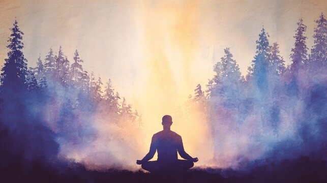 Watercolor painting of person practicing breathing exercises surrounded by forest with glowing soft colors, mindfulness and wellness concept symbolizing calm, balance, and natural healing