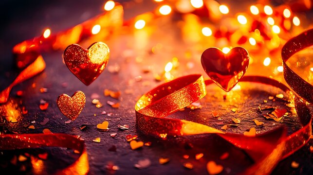 Vibrant red festive setup with shiny ribbon curves and floating glowing heart shapes