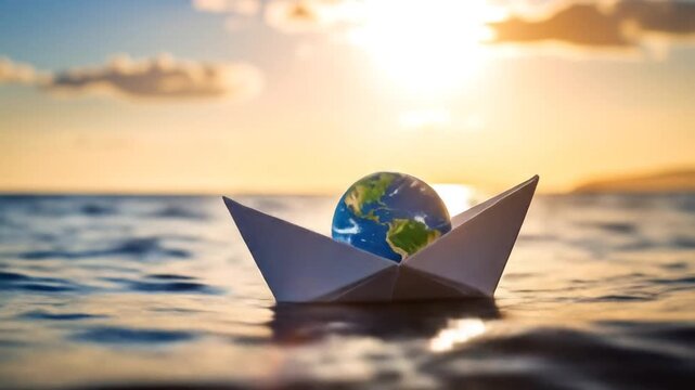 Earth in Paper Boat on Ocean at Sunset.